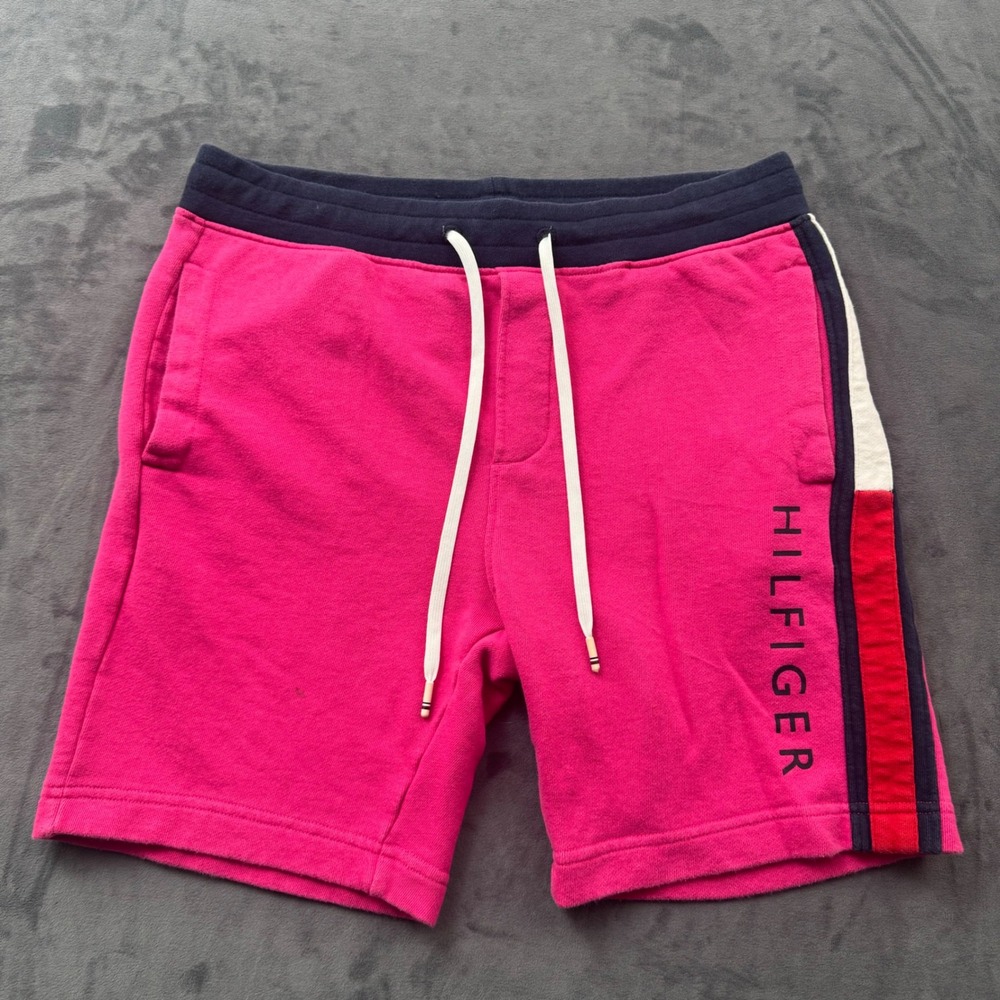 Tommy Hilfiger Mens Pink Fleece Sweat Shorts Logo Stripe Size M